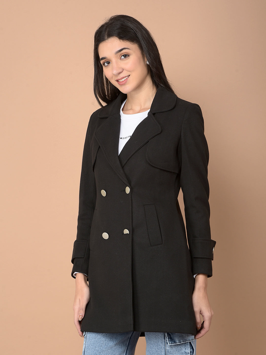 Black Double-Breasted Overcoat-Women Coats-Crimsoune Club