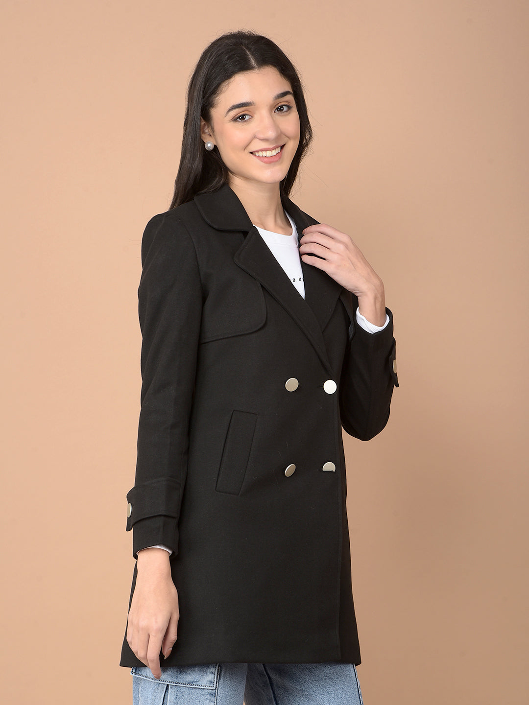 Black Double-Breasted Overcoat-Women Coats-Crimsoune Club