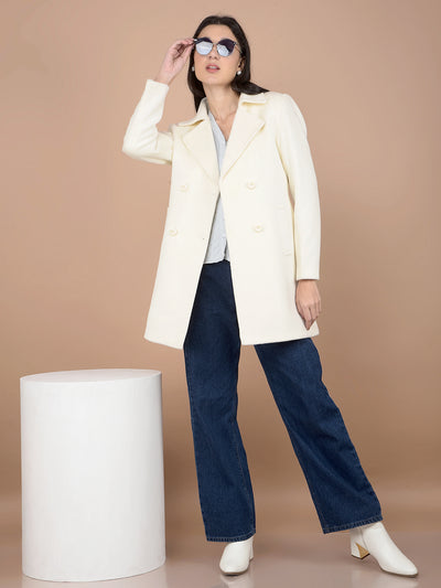 Cream Mid-Thigh Length Double-Breasted Overcoat-Women Coats-Crimsoune Club