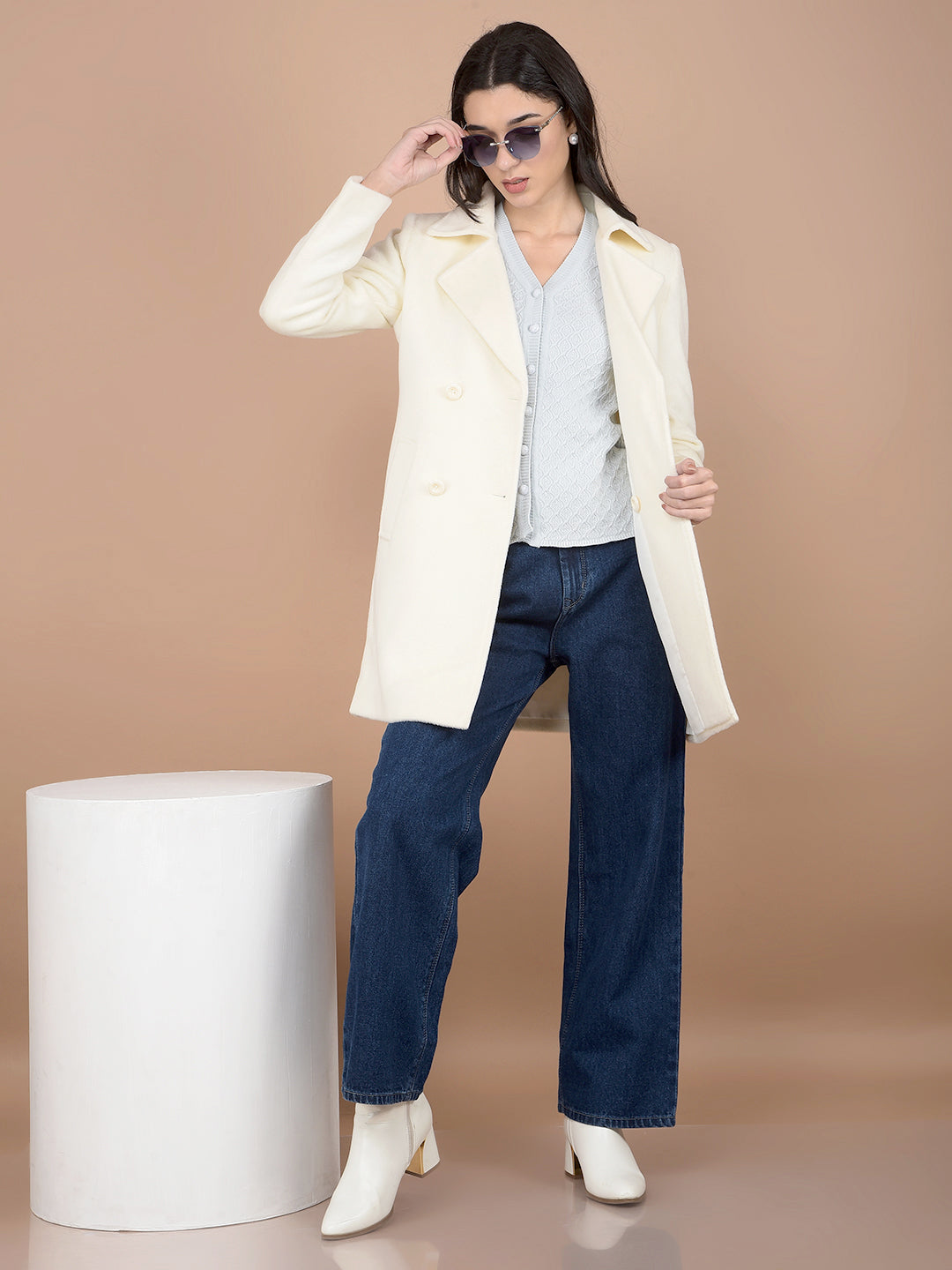 Cream Mid-Thigh Length Double-Breasted Overcoat-Women Coats-Crimsoune Club