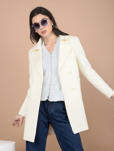 Cream Mid-Thigh Length Double-Breasted Overcoat