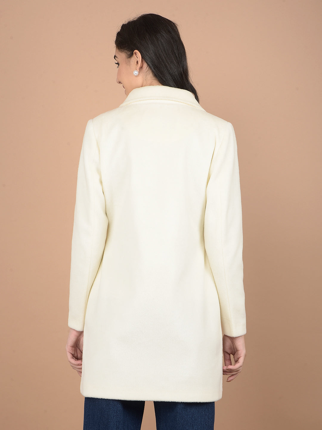 Cream Mid-Thigh Length Double-Breasted Overcoat-Women Coats-Crimsoune Club