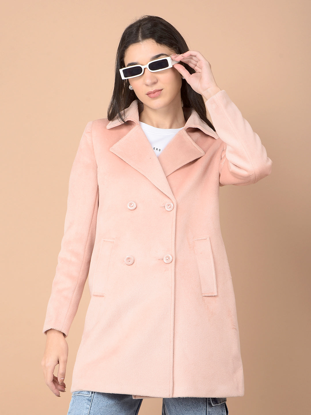 Peach Mid-Thigh Length Double-Breasted Overcoat-Women Coats-Crimsoune Club