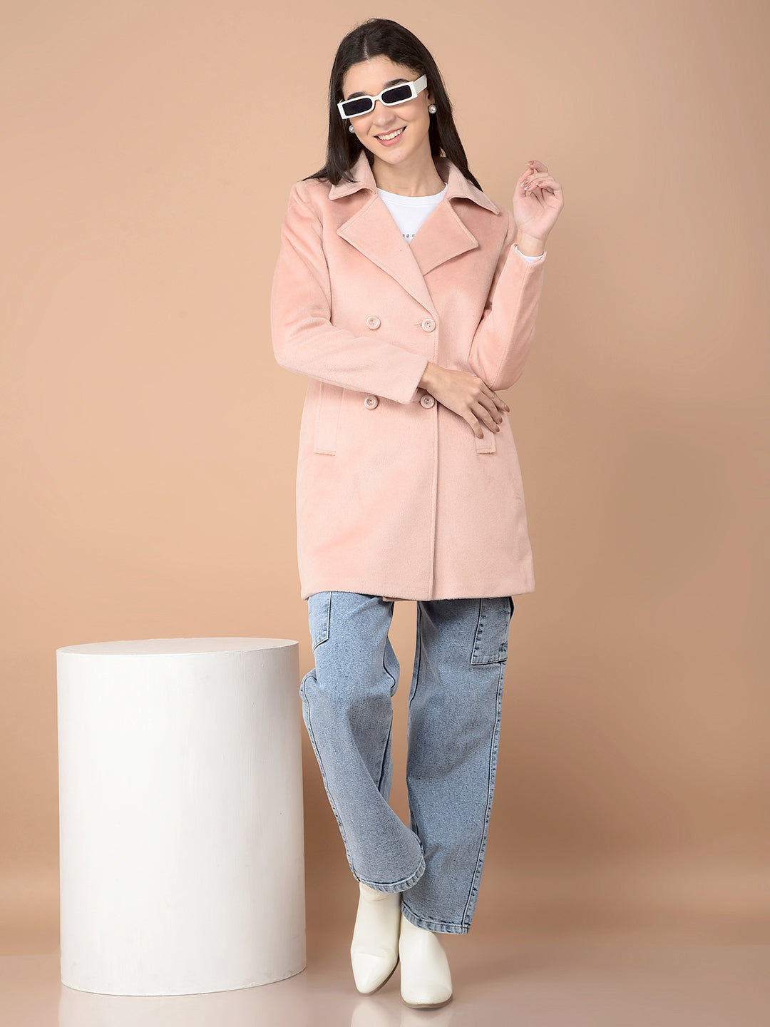 Peach Mid-Thigh Length Double-Breasted Overcoat-Women Coats-Crimsoune Club