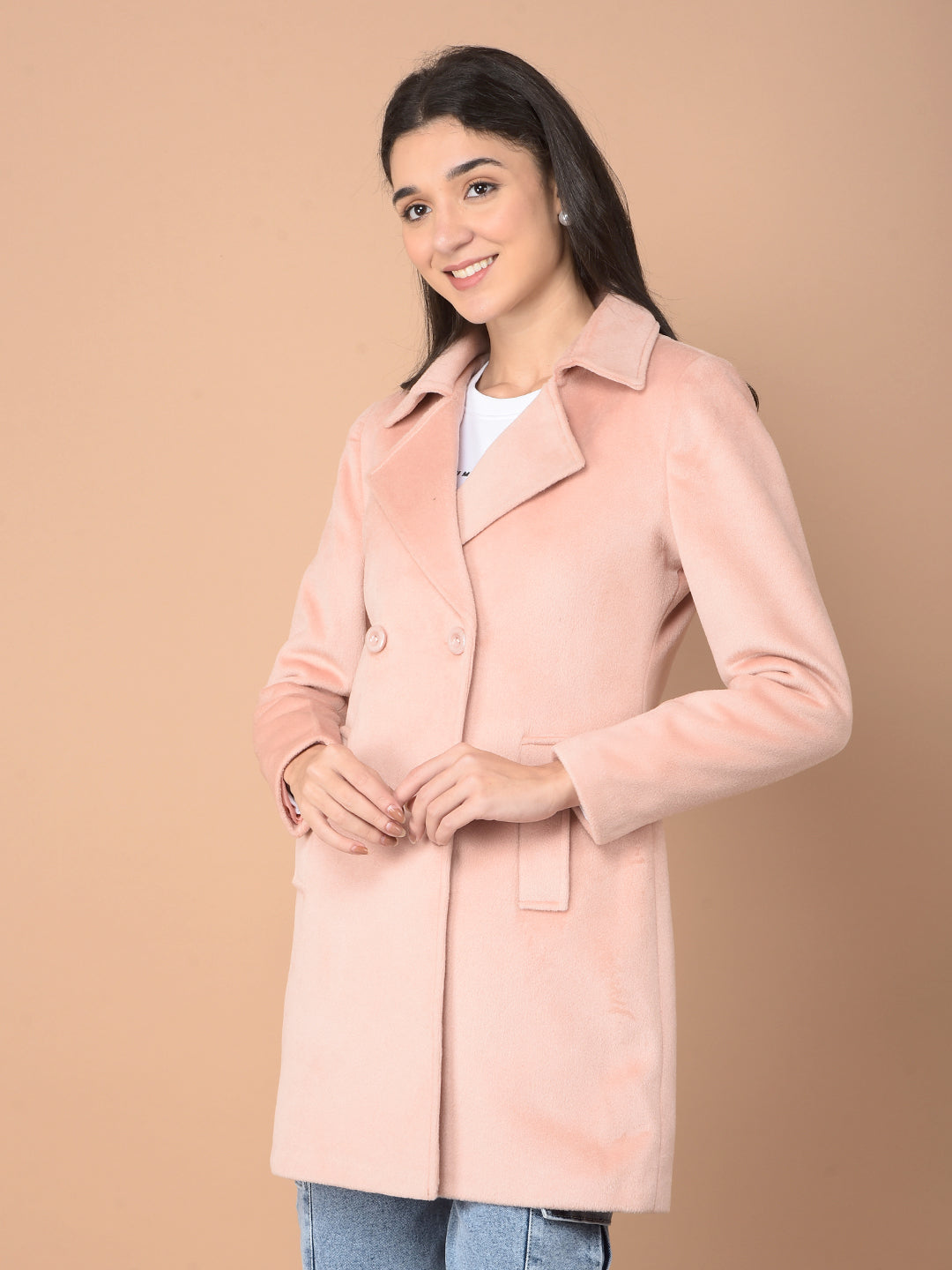 Peach Mid-Thigh Length Double-Breasted Overcoat-Women Coats-Crimsoune Club