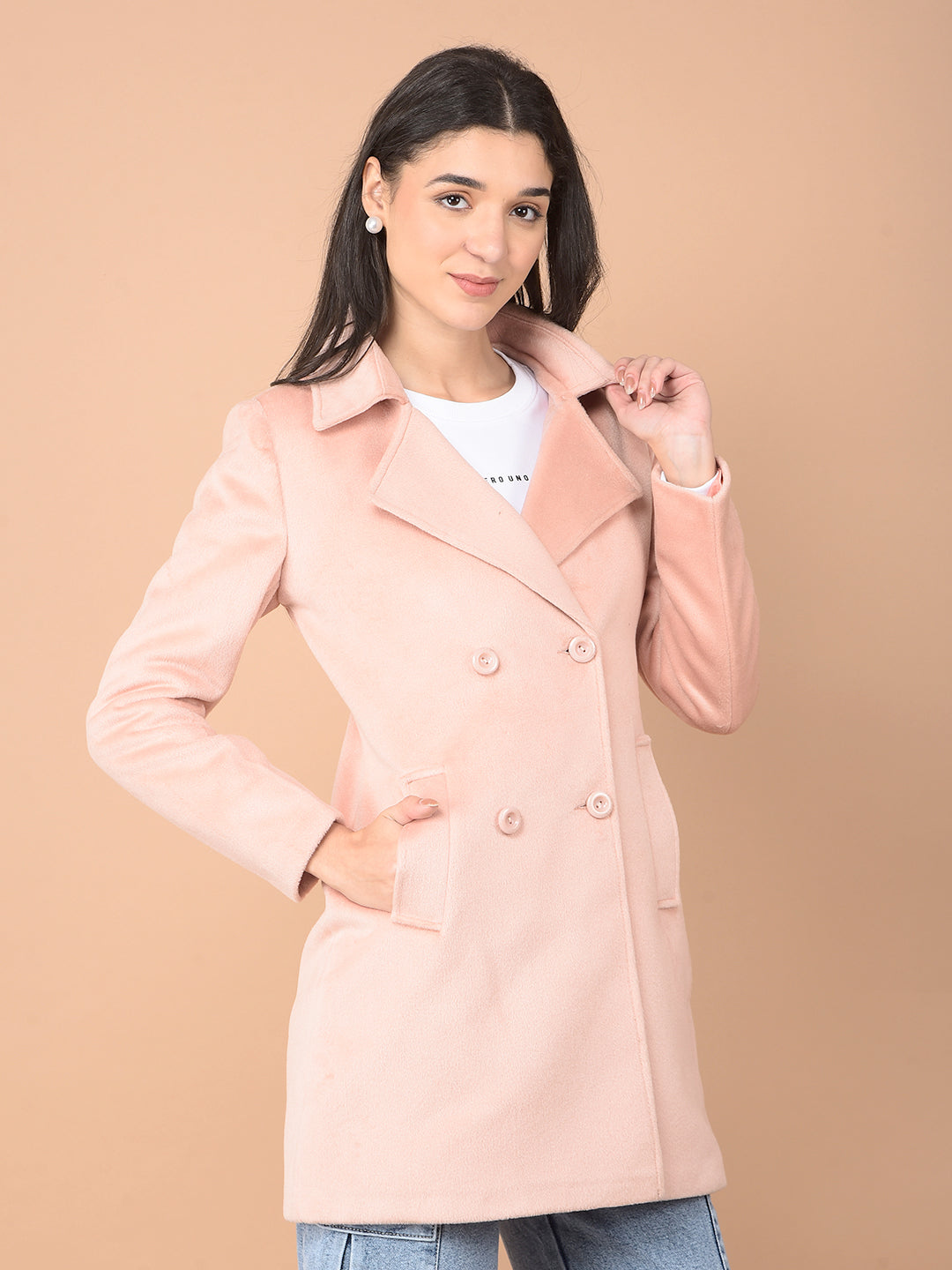 Peach Mid-Thigh Length Double-Breasted Overcoat-Women Coats-Crimsoune Club