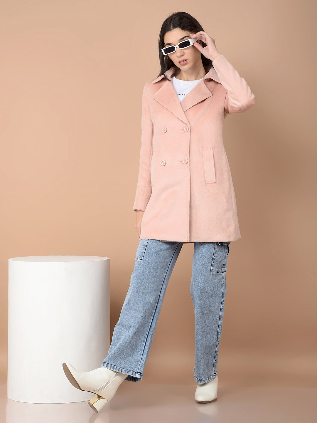 Peach Mid-Thigh Length Double-Breasted Overcoat-Women Coats-Crimsoune Club