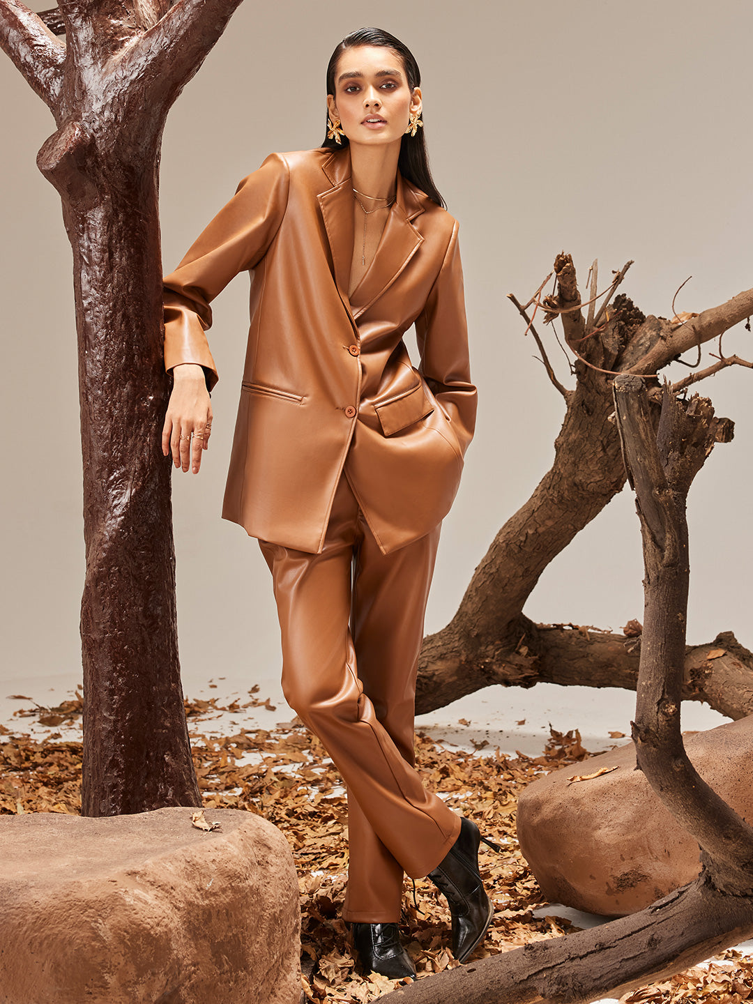 Beige Leather Coat-Women Coats-Crimsoune Club