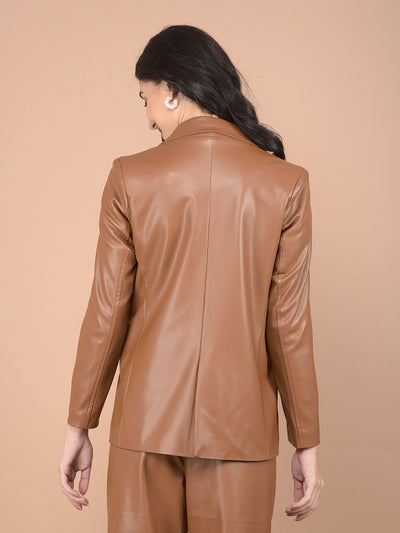 Beige Leather Coat-Women Coats-Crimsoune Club