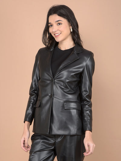 Black Leather Coat-Women Coats-Crimsoune Club