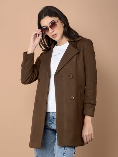 Brown Mid-Thigh Length Double-Breasted Overcoat