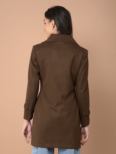 Brown Mid-Thigh Length Double-Breasted Overcoat-Women Coats-Crimsoune Club