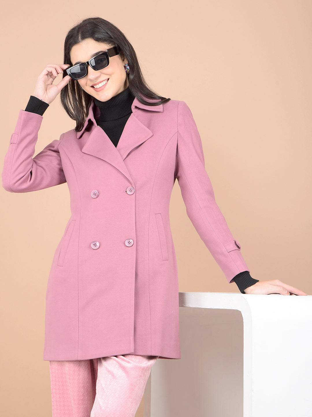 Pink Mid-Thigh Length Double-Breasted Overcoat-Women Coats-Crimsoune Club