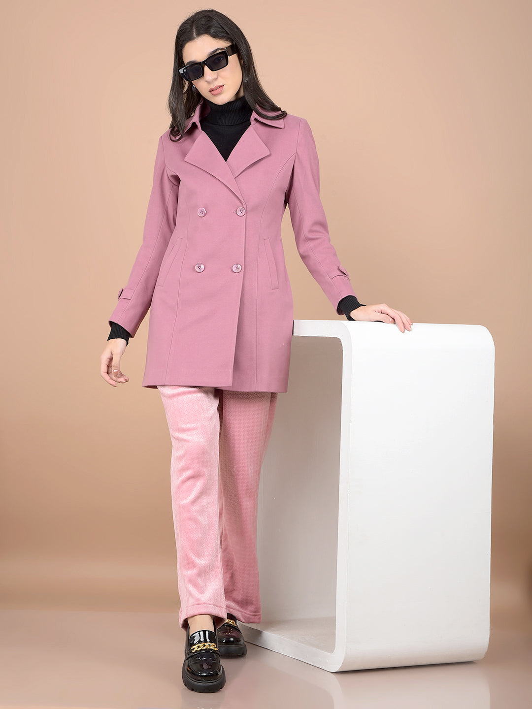 Pink Mid-Thigh Length Double-Breasted Overcoat-Women Coats-Crimsoune Club