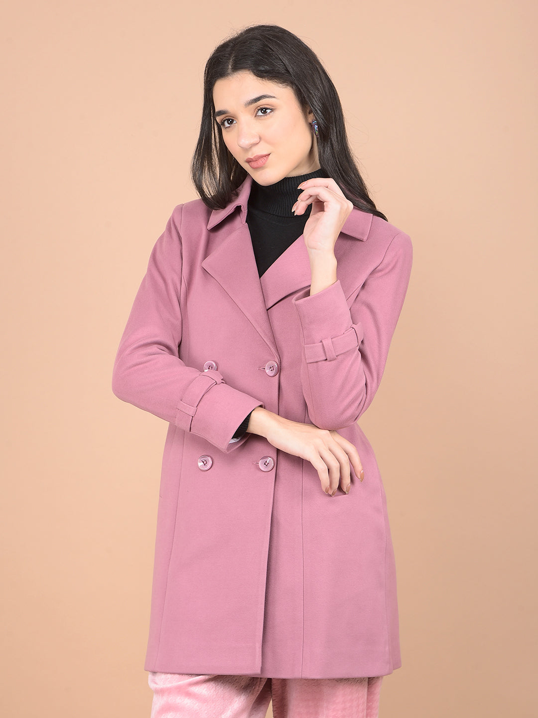 Pink Mid-Thigh Length Double-Breasted Overcoat-Women Coats-Crimsoune Club