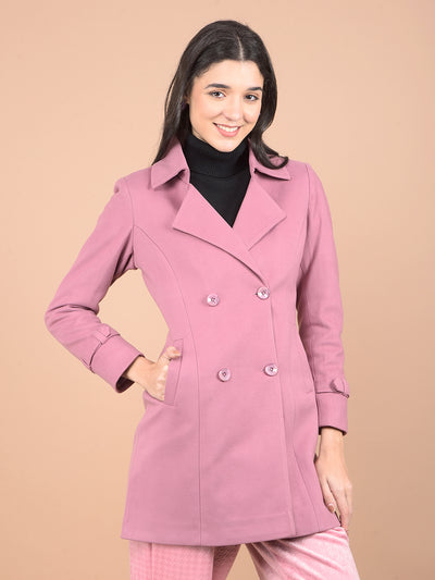 Pink Mid-Thigh Length Double-Breasted Overcoat-Women Coats-Crimsoune Club