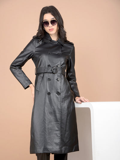 Black Double-Breasted Leather Overcoat with Belt