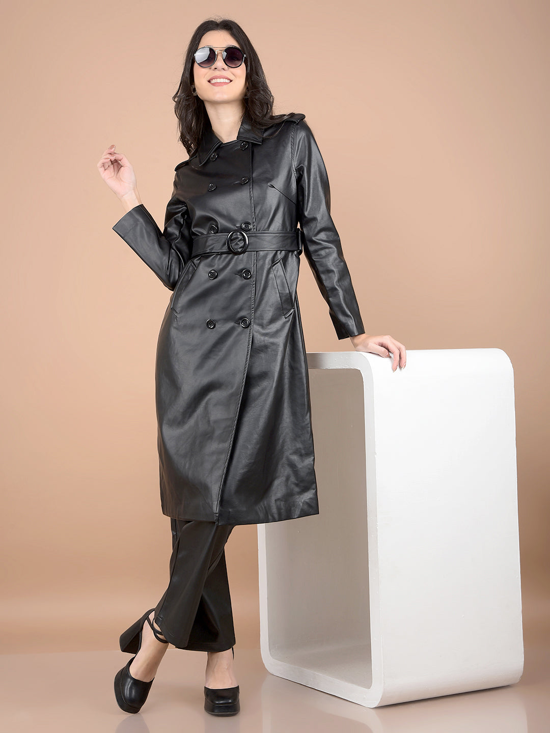 Black Double-Breasted Leather Overcoat with Belt-Women Coats-Crimsoune Club