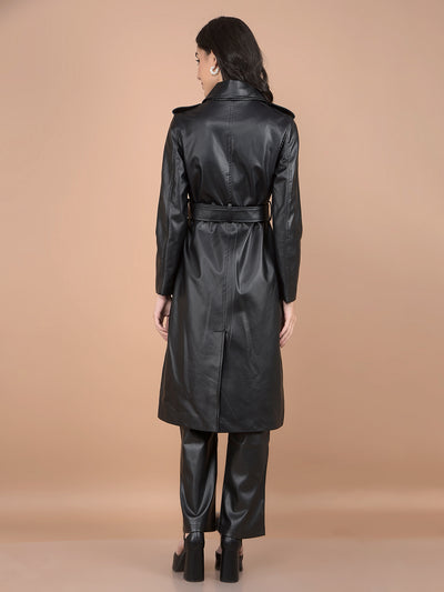 Black Double-Breasted Leather Overcoat with Belt-Women Coats-Crimsoune Club