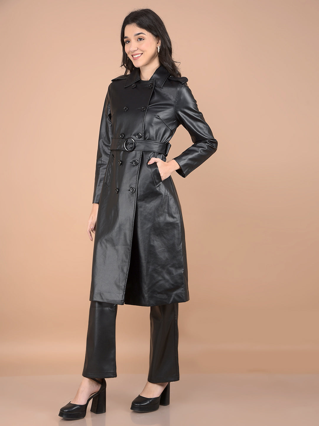 Black Double-Breasted Leather Overcoat with Belt-Women Coats-Crimsoune Club