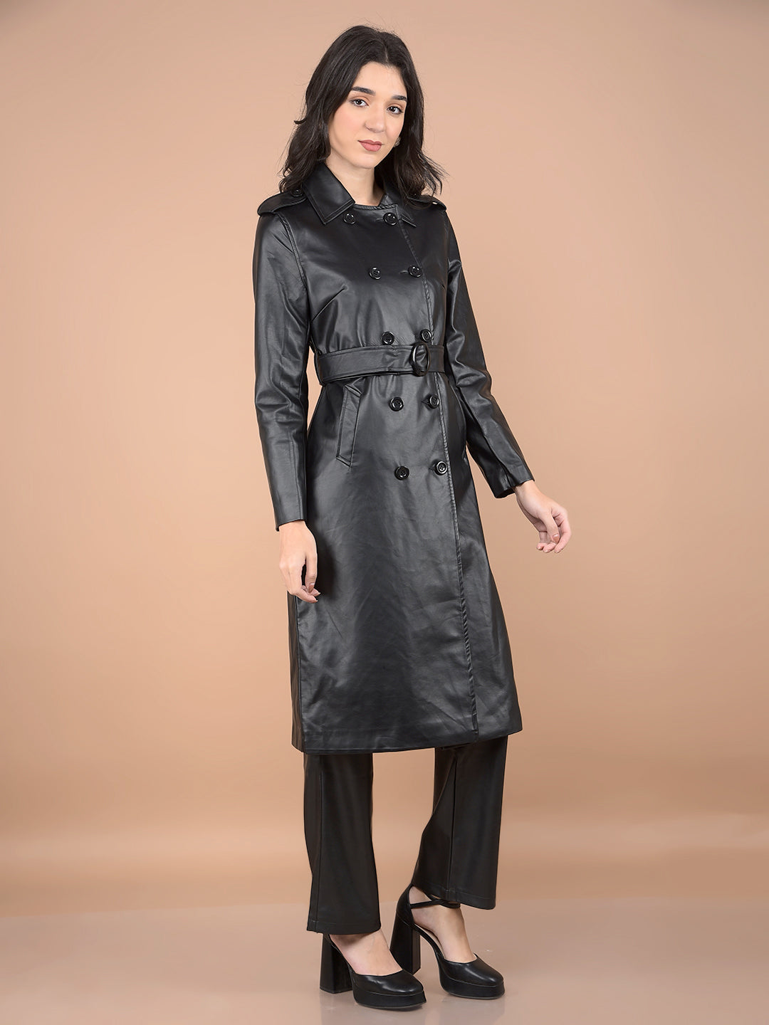 Black Double-Breasted Leather Overcoat with Belt-Women Coats-Crimsoune Club