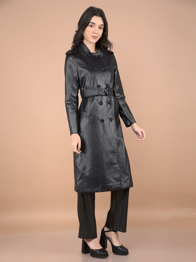 Black Double-Breasted Leather Overcoat with Belt