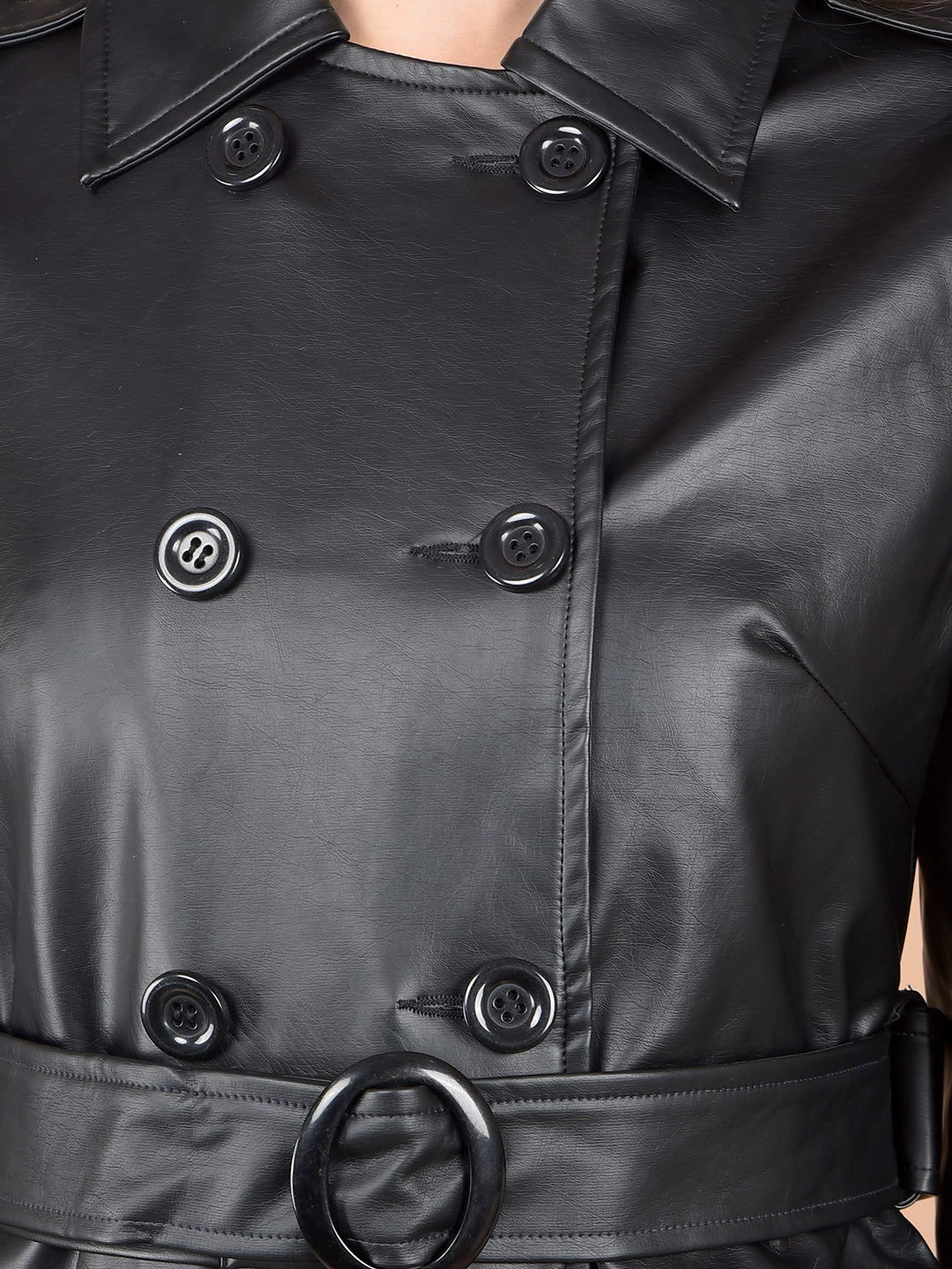 Black Double-Breasted Leather Overcoat with Belt