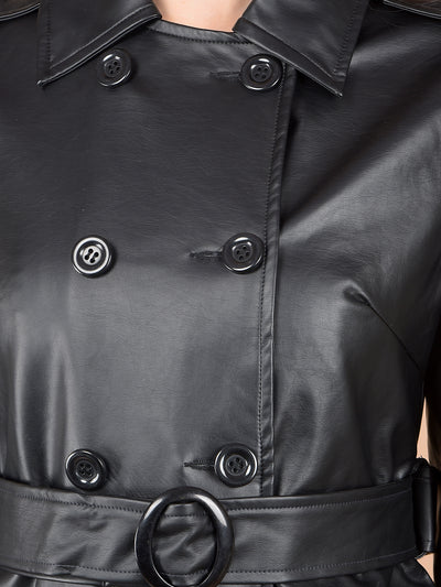 Black Double-Breasted Leather Overcoat with Belt-Women Coats-Crimsoune Club