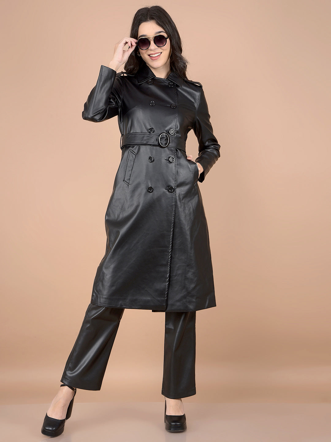 Black Double-Breasted Leather Overcoat with Belt