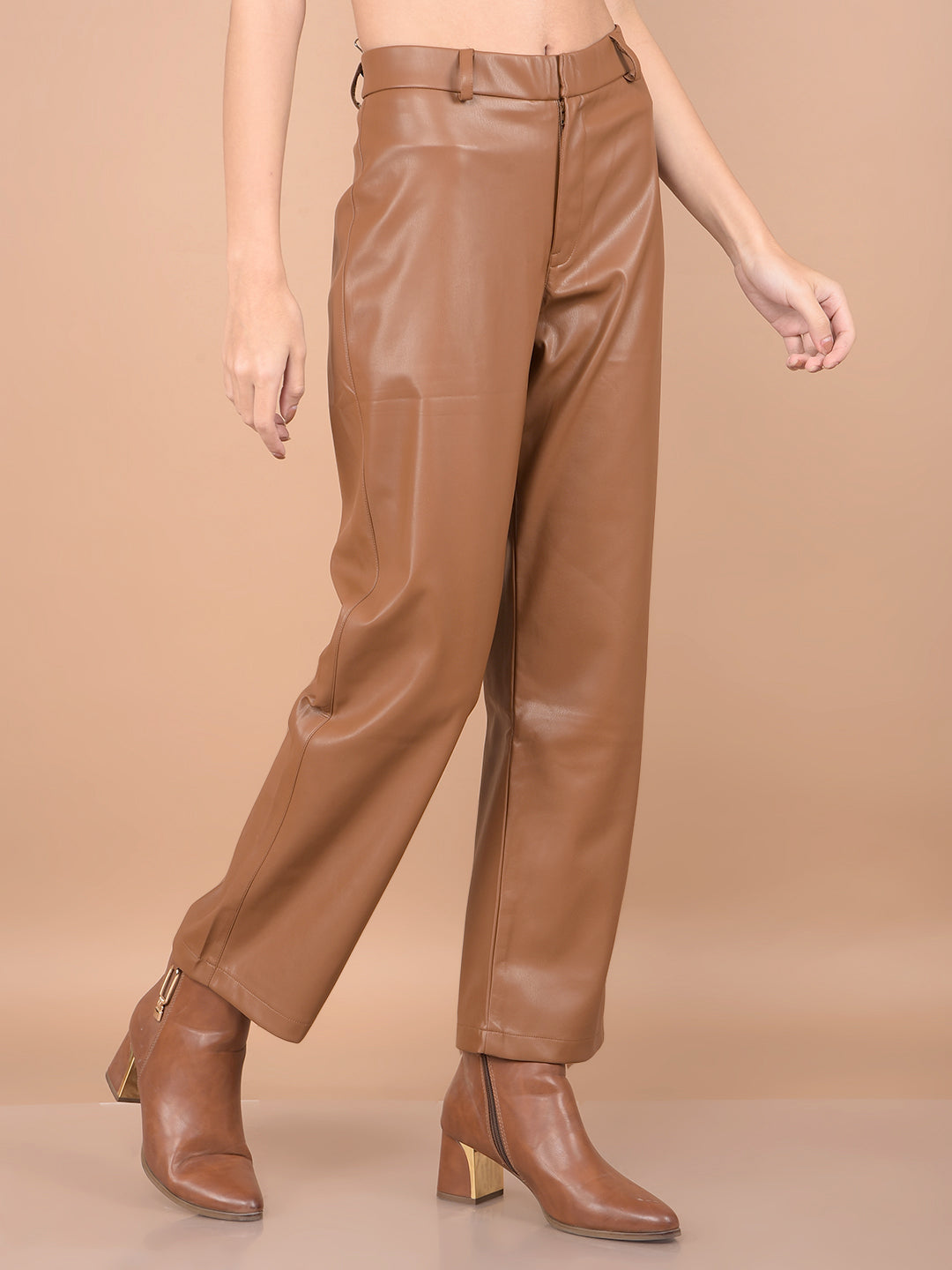 Beige Leather Trousers-Women Trousers-Crimsoune Club