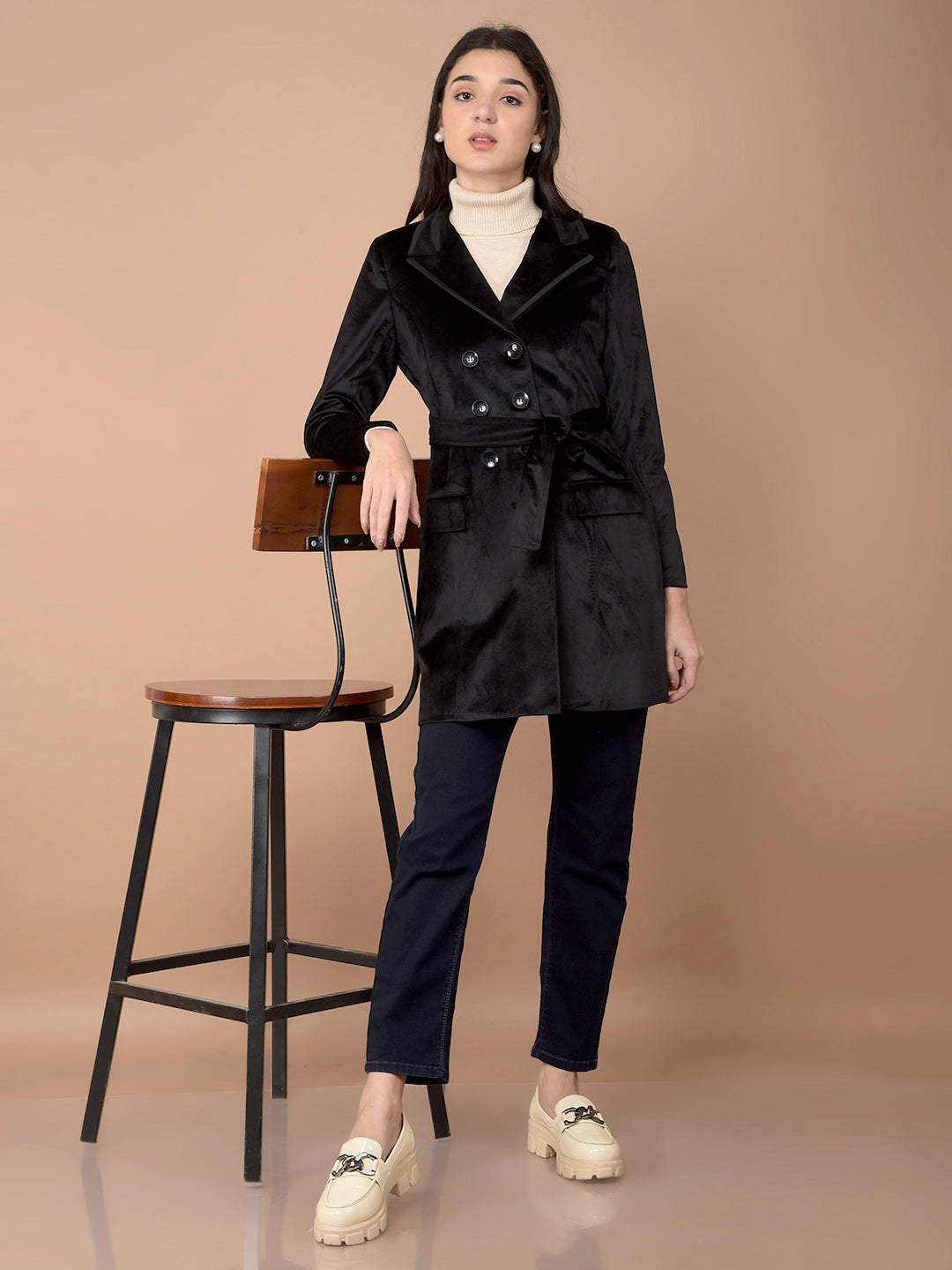 Black Double-Breasted Overcoat with Belt-Women Coats-Crimsoune Club