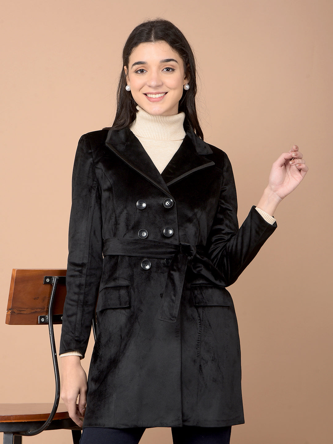 Black Double-Breasted Overcoat with Belt