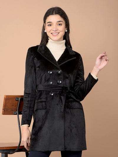 Black Double-Breasted Overcoat with Belt-Women Coats-Crimsoune Club