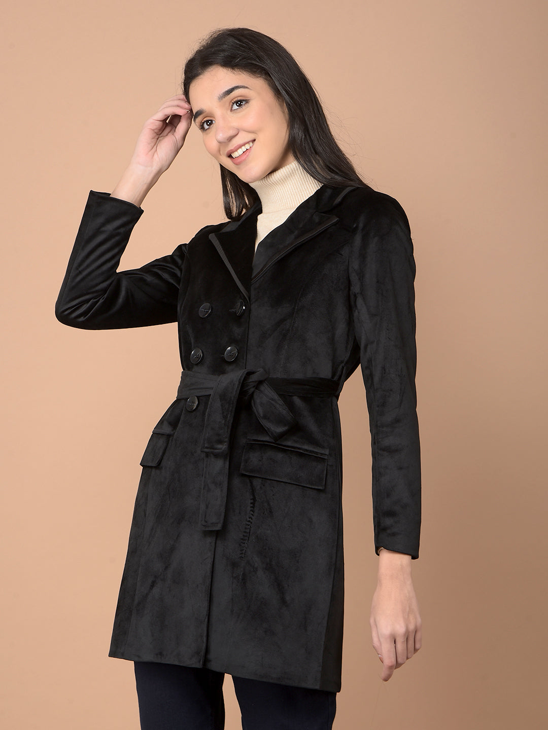 Black Double-Breasted Overcoat with Belt-Women Coats-Crimsoune Club