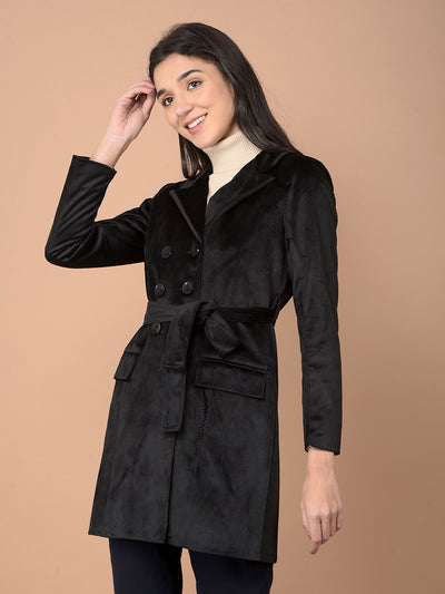 Black Double-Breasted Overcoat with Belt