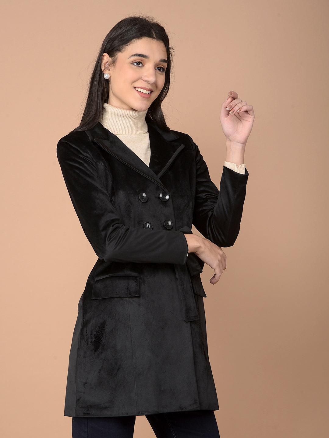 Black Double-Breasted Overcoat with Belt-Women Coats-Crimsoune Club