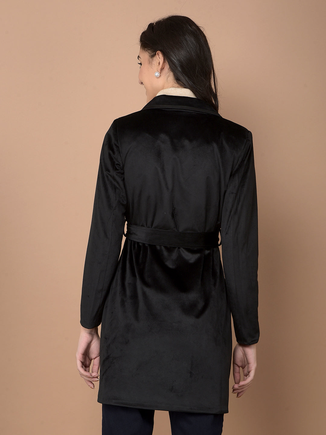 Black Double-Breasted Overcoat with Belt-Women Coats-Crimsoune Club