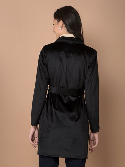 Black Double-Breasted Overcoat with Belt