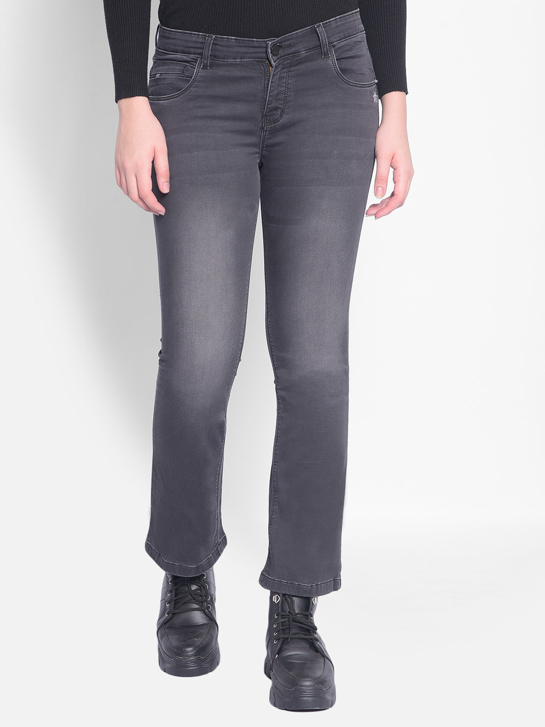 Grey Bootcut Jeans-Women Trousers-Crimsoune Club