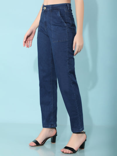 Straight Navy Blue Jeans-Women Jeans-Crimsoune Club