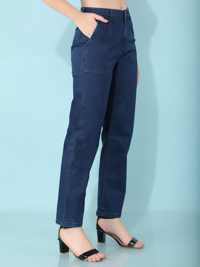 Straight Navy Blue Jeans-Women Jeans-Crimsoune Club