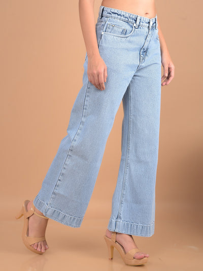 Light Blue Wide Leg Jeans-Women Jeans-Crimsoune Club