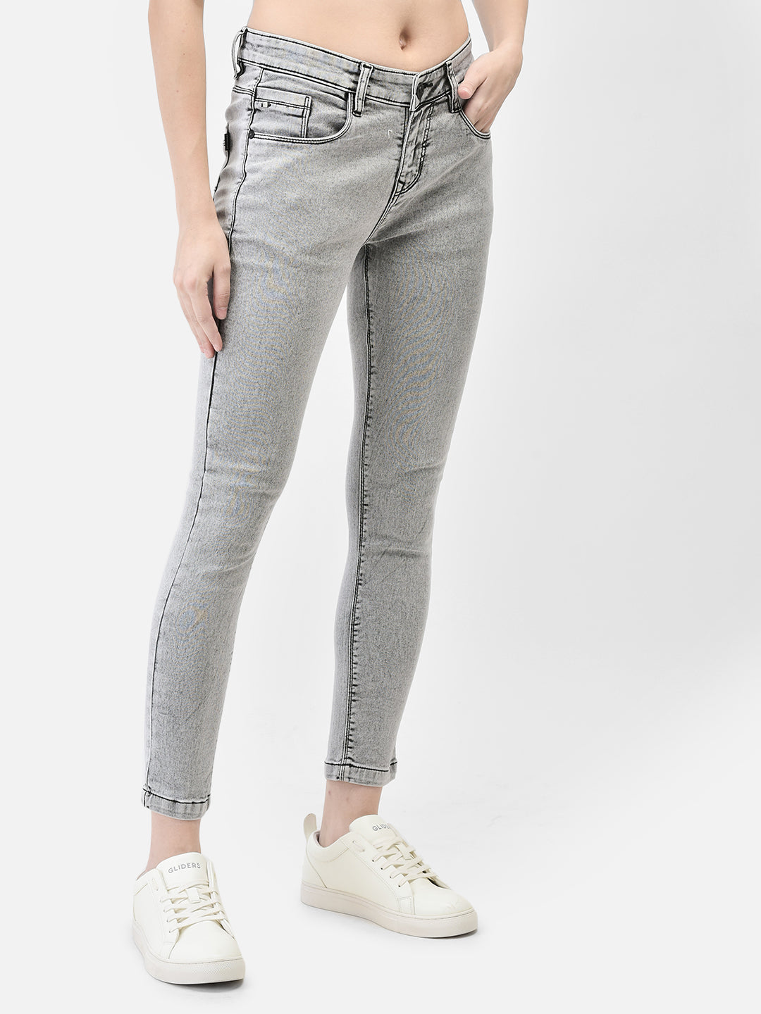 Grey Crop Length Skinny Jeans-Women Jeans-Crimsoune Club