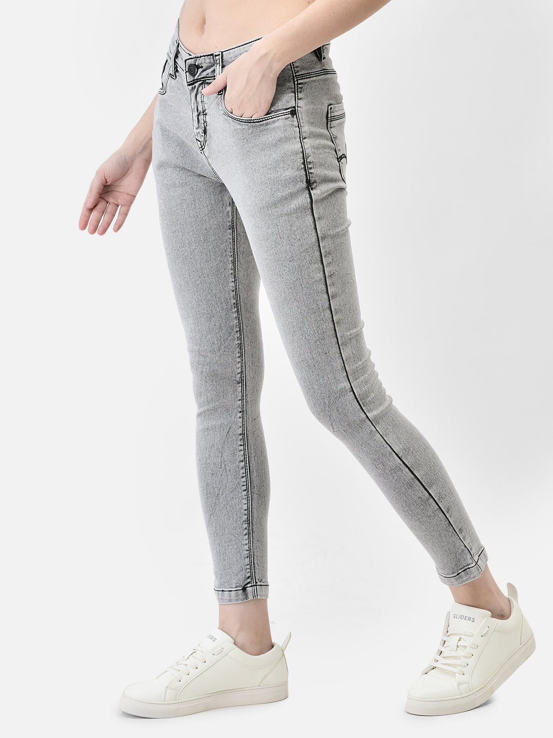 Grey Crop Length Skinny Jeans-Women Jeans-Crimsoune Club