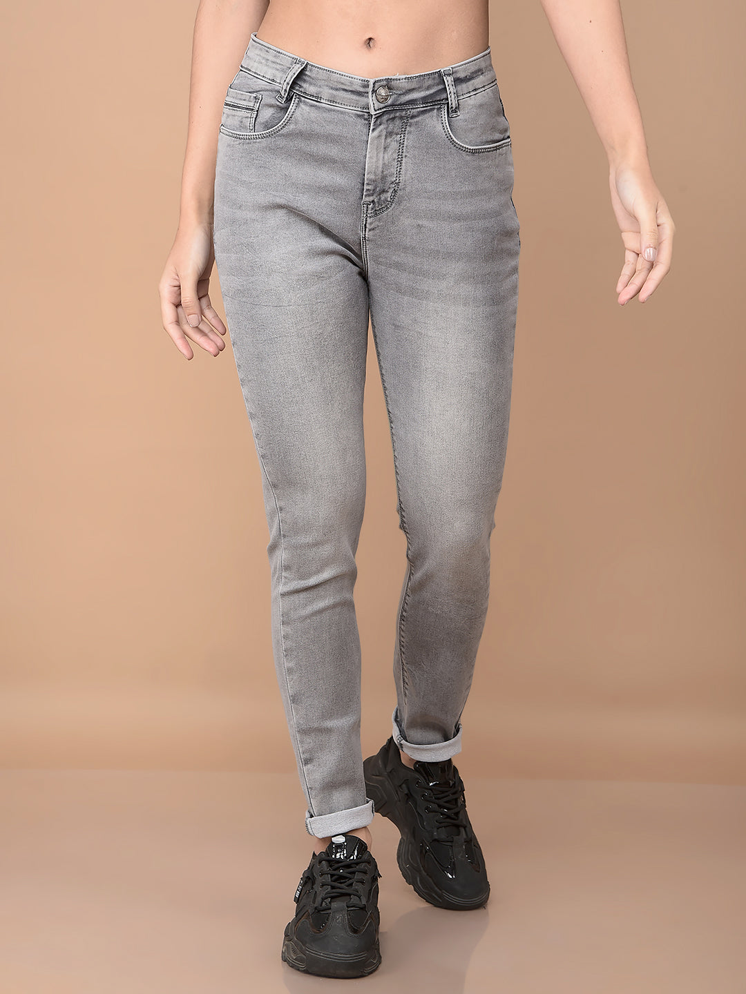 Grey Skinny High-Waist Jeans-Women Jeans-Crimsoune Club