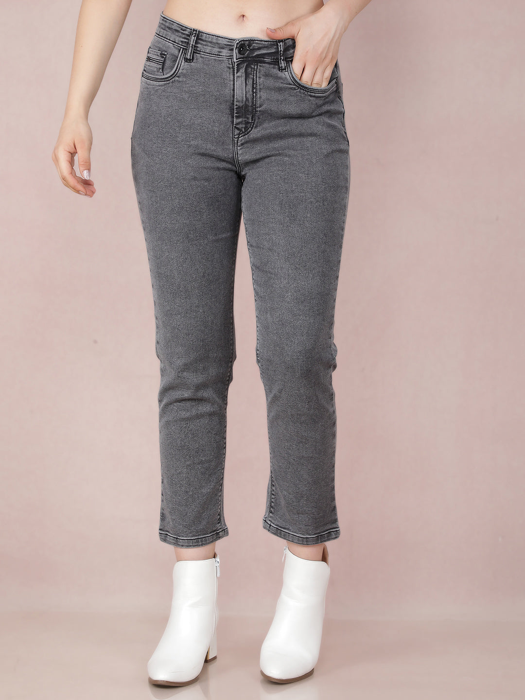 Grey Skinny Ankle Length Jeans-Women Jeans-Crimsoune Club