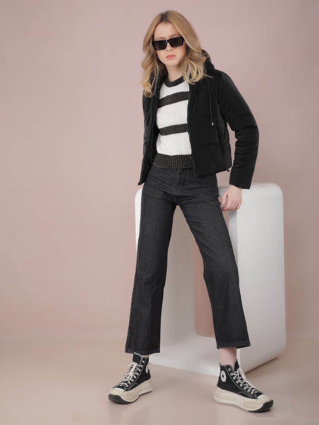 Black Wide Leg 100% Cotton Jeans-Women Jeans-Crimsoune Club