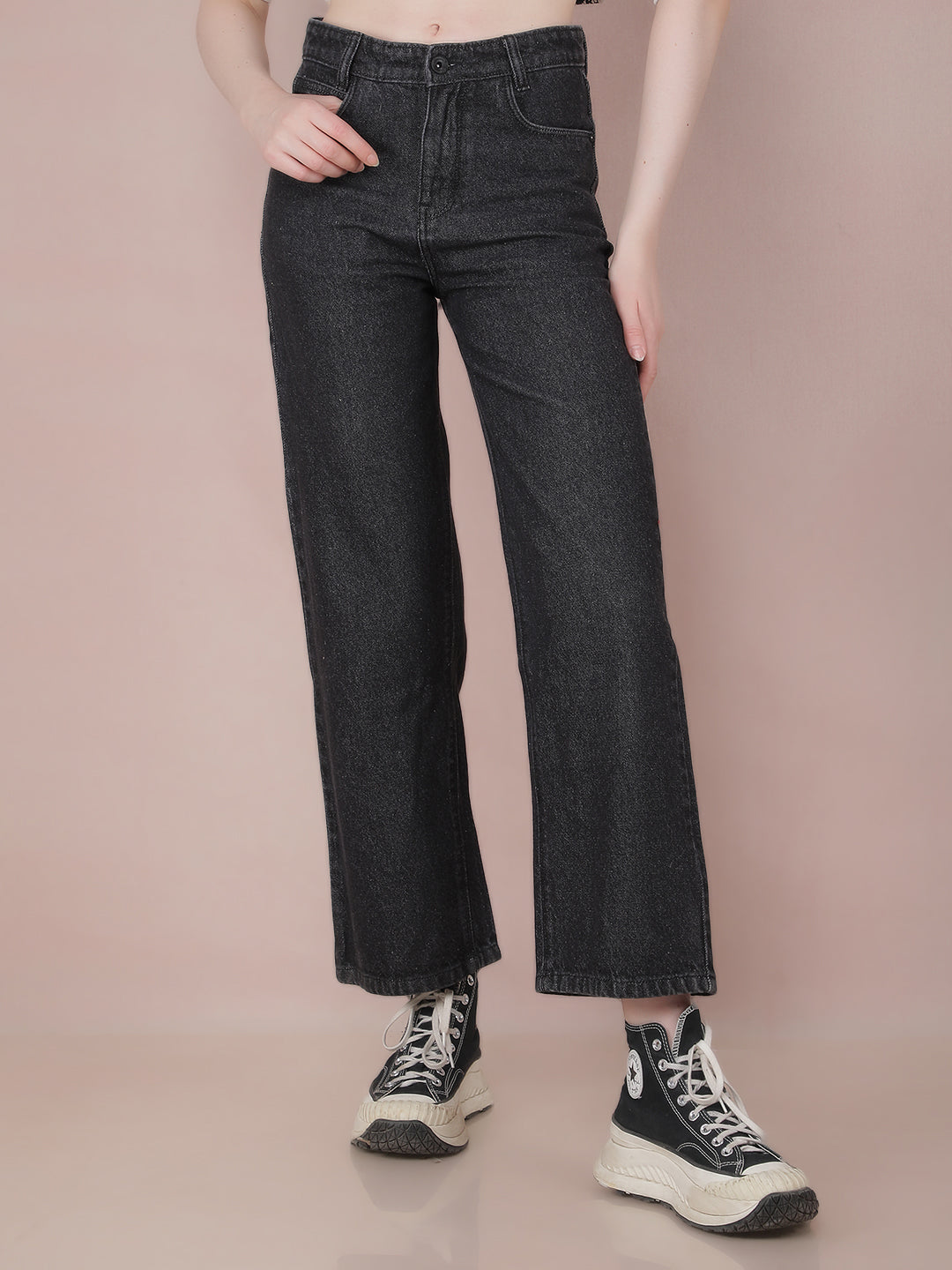 Black Wide Leg 100% Cotton Jeans-Women Jeans-Crimsoune Club