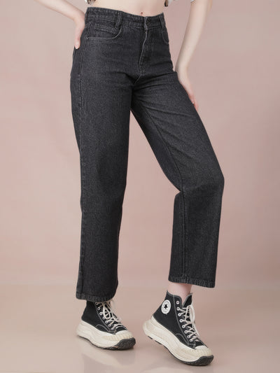 Black Wide Leg 100% Cotton Jeans-Women Jeans-Crimsoune Club