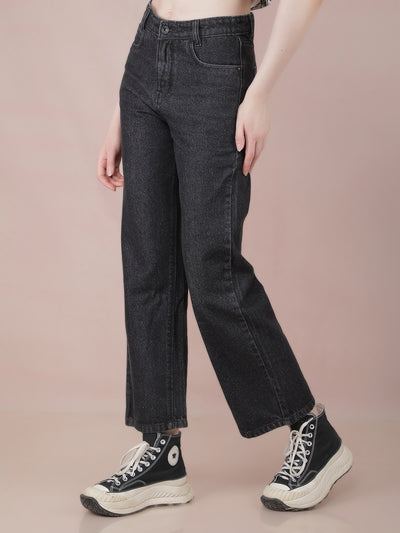 Black Wide Leg 100% Cotton Jeans-Women Jeans-Crimsoune Club